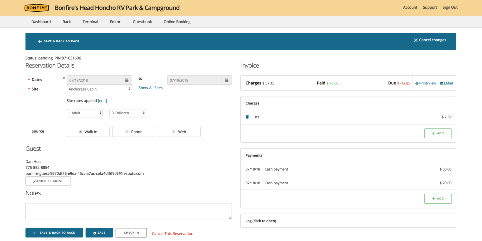 screenshot of Bonfire Campground Management